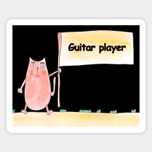 Guitar player. Profession, work, job. Cat shows a banner with the inscription. Watercolor illustration. A gift for a professional. Magnet